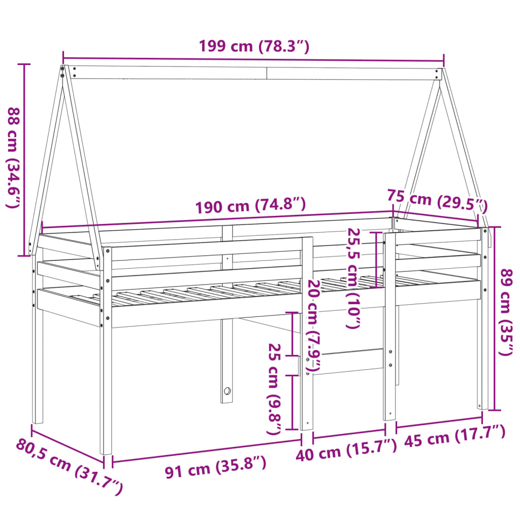 vidaXL Cama alta con techo madera maciza pino blanca 75x190 cm