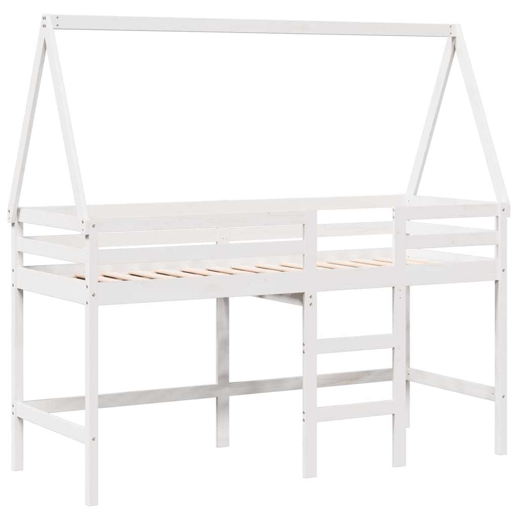 vidaXL Cama alta escalera y techo madera maciza pino blanca 90x190 cm