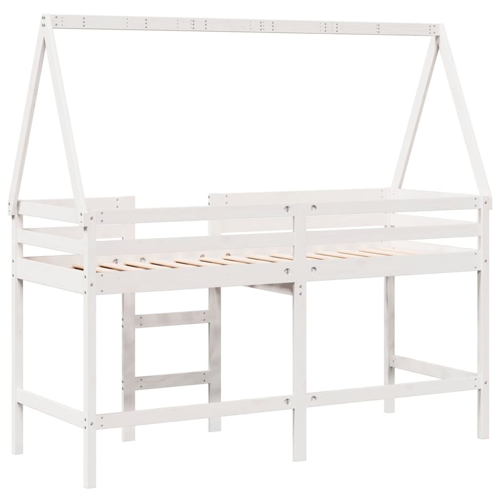 vidaXL Cama alta escalera y techo madera maciza pino blanca 90x190 cm