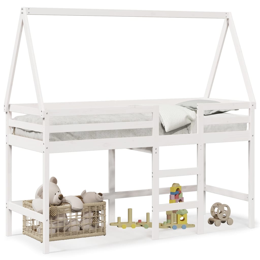 vidaXL Cama alta escalera y techo madera maciza pino blanca 90x190 cm