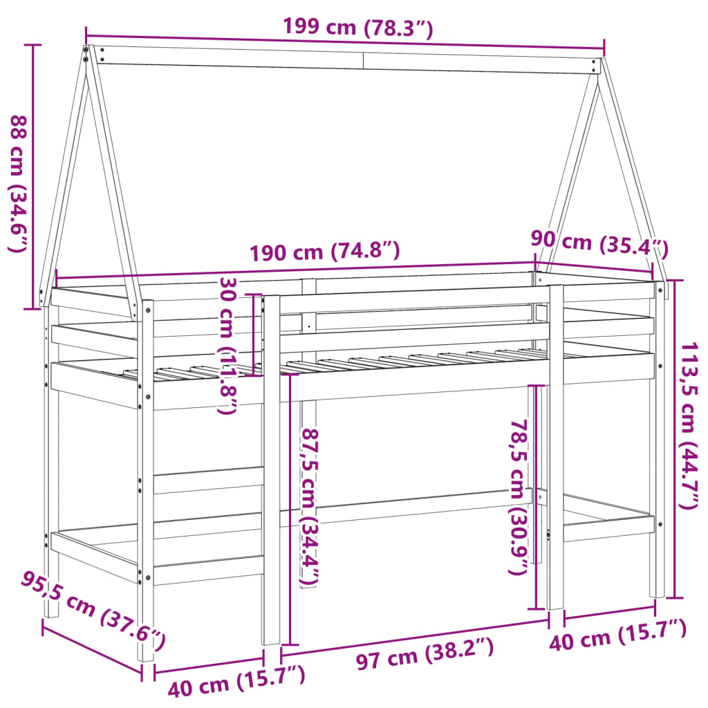 vidaXL Cama alta con escalera y techo madera maciza de pino 90x190 cm