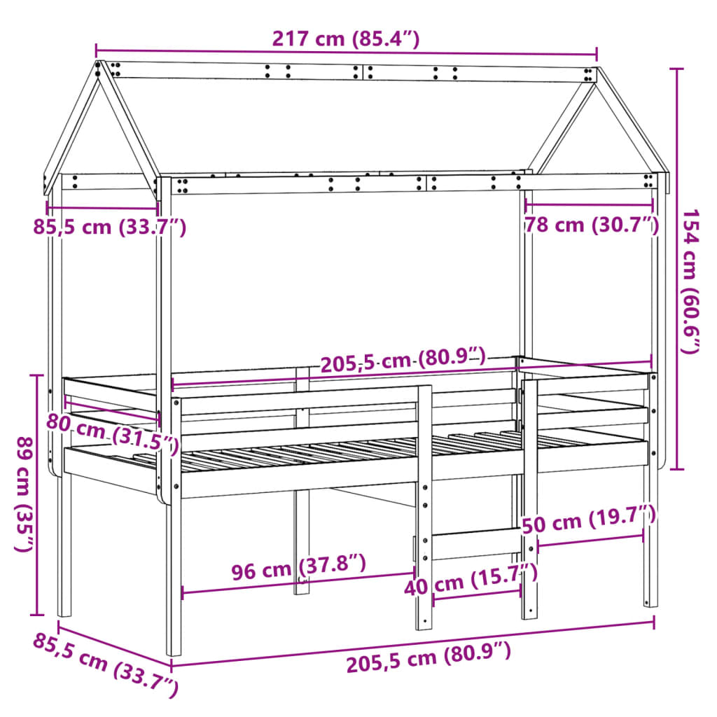 vidaXL Cama alta con techo madera maciza de pino 80x200 cm