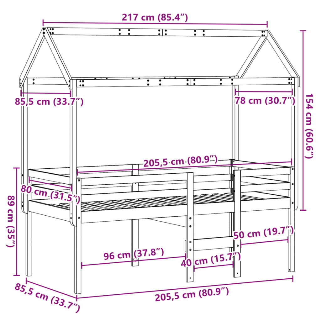 vidaXL Cama alta con techo madera maciza de pino marrón cera 80x200 cm