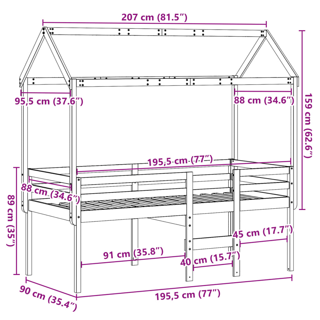 vidaXL Cama alta con techo madera maciza de pino marrón cera 90x190 cm