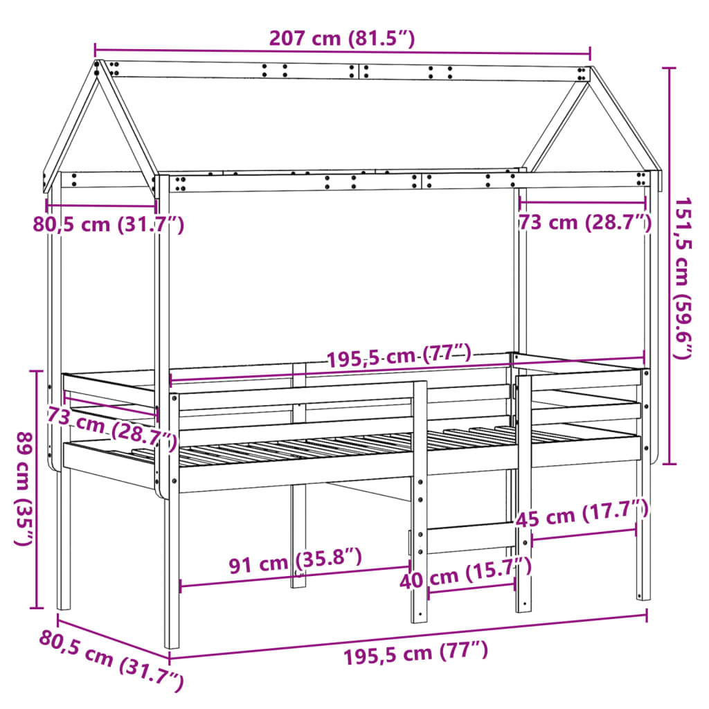 vidaXL Cama alta con techo madera maciza pino blanca 75x190 cm