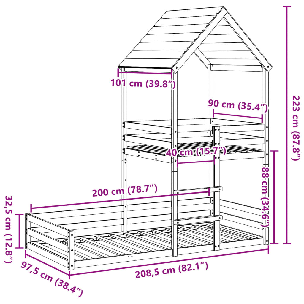 vidaXL Cama litera sin colchón madera maciza de pino 90x200 cm