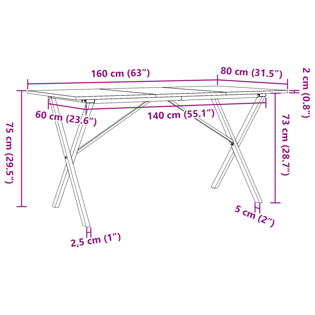 vidaXL Mesa de comedor marco X madera maciza pino y acero 160x80x75cm