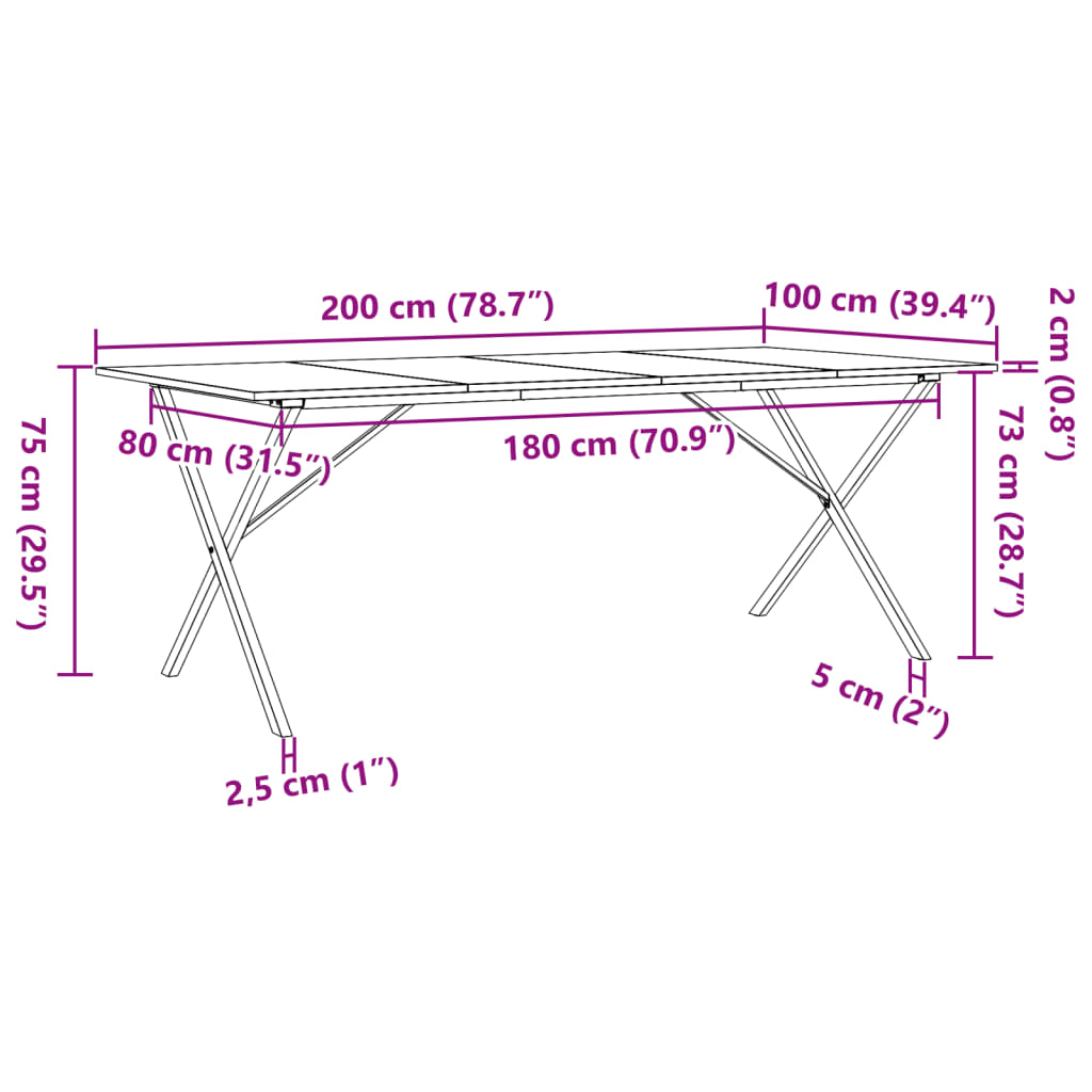 vidaXL Mesa de comedor marco X madera maciza pino y acero 200x100x75cm