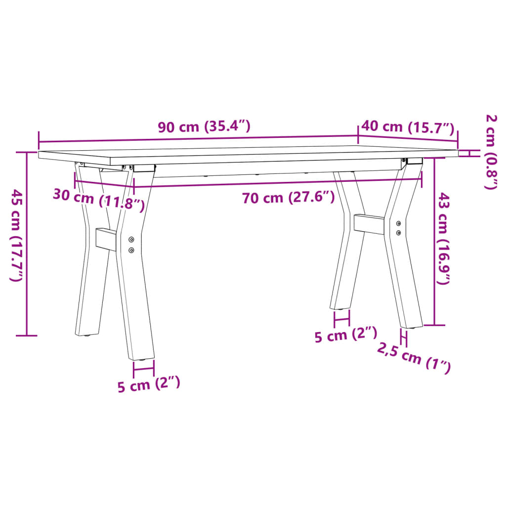 vidaXL Mesa de centro marco Y madera maciza pino y acero 90x40x35 cm