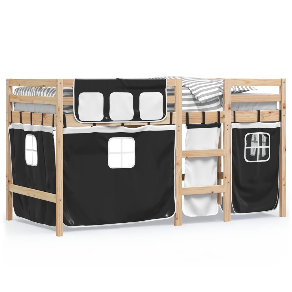 vidaXL Cama alta niños con cortinas madera pino blanco negro 90x200 cm