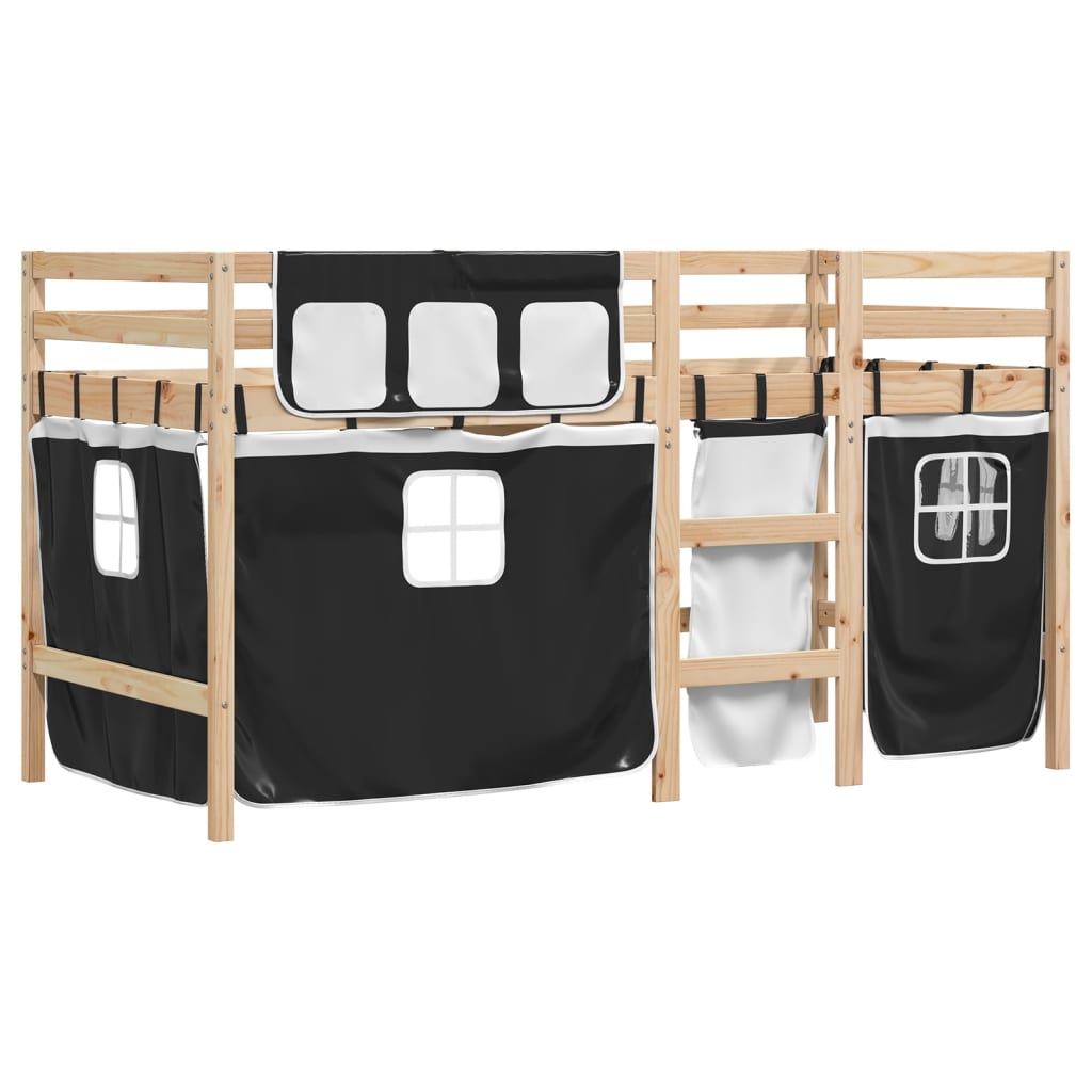 vidaXL Cama alta niños con cortinas madera pino blanco negro 90x200 cm