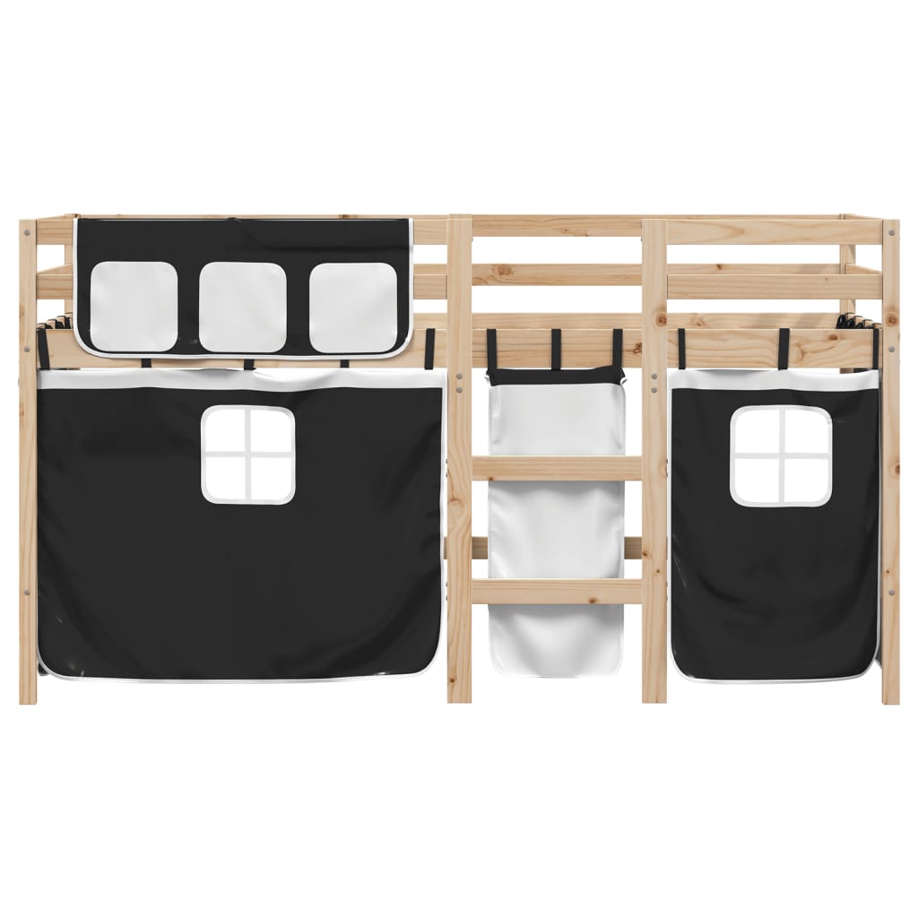 vidaXL Cama alta niños con cortinas madera pino blanco negro 90x200 cm