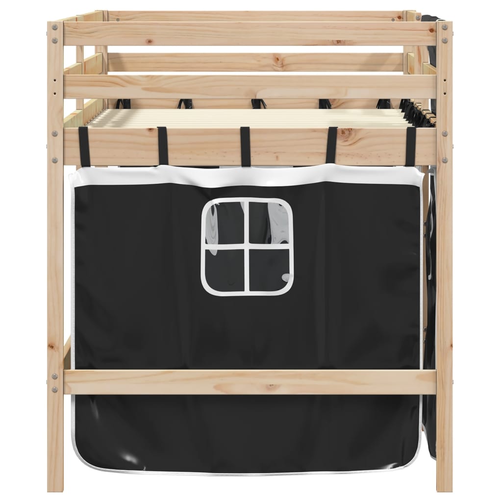 vidaXL Cama alta niños con cortinas madera pino blanco negro 90x200 cm