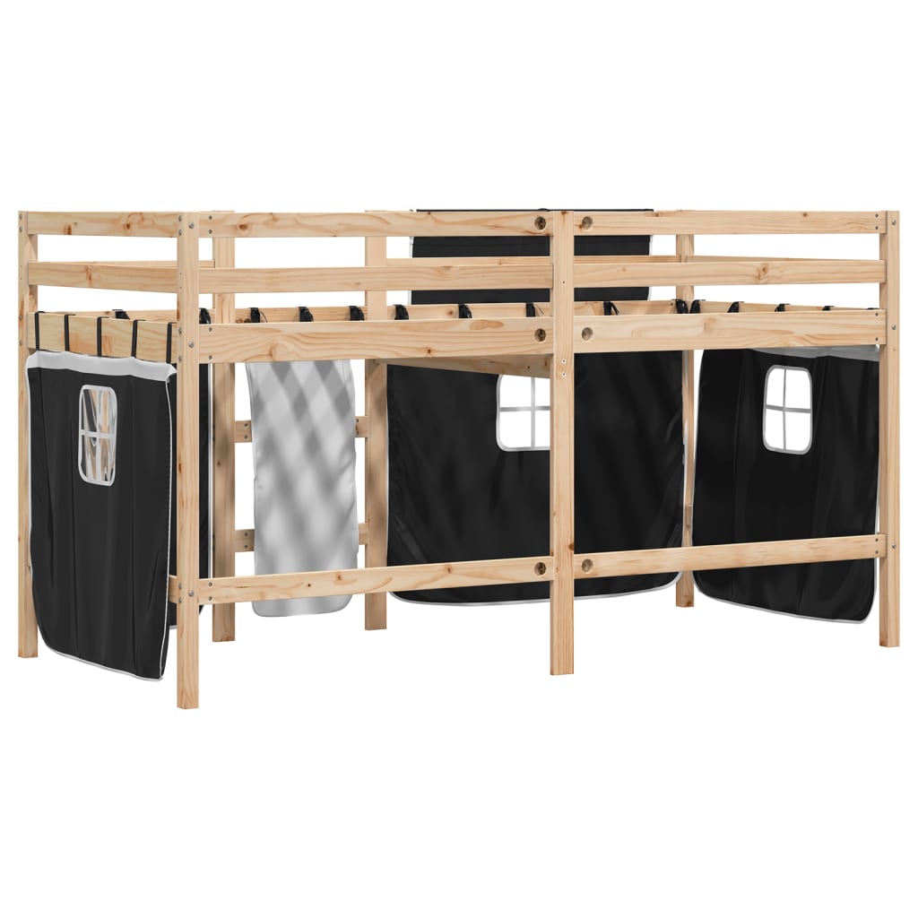 vidaXL Cama alta niños con cortinas madera pino blanco negro 90x200 cm