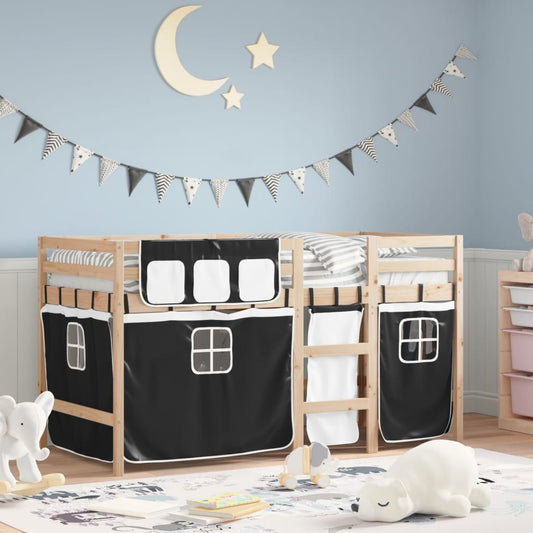 vidaXL Cama alta niños con cortinas madera pino blanco negro 90x200 cm