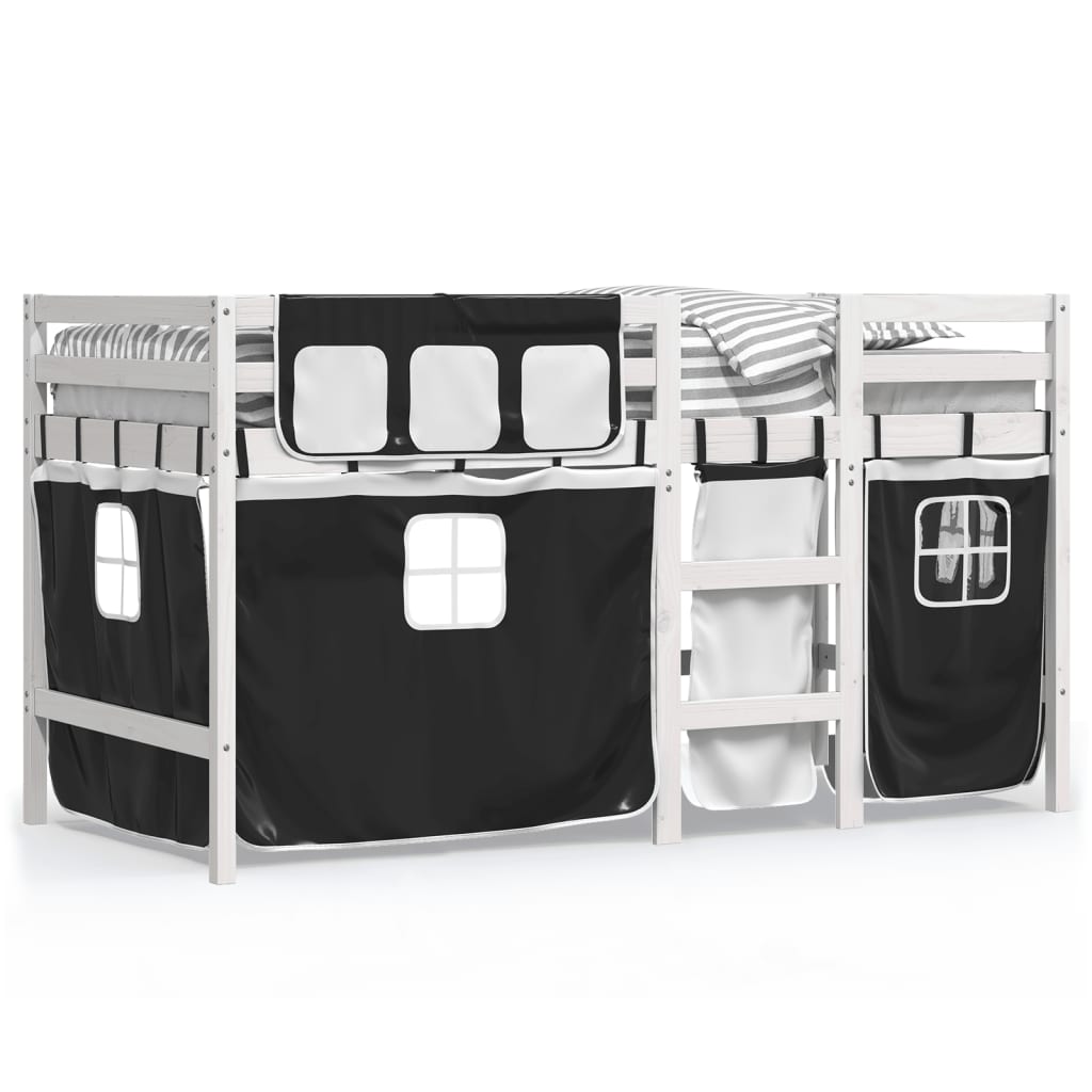 vidaXL Cama alta niños con cortinas madera pino blanco negro 90x200 cm