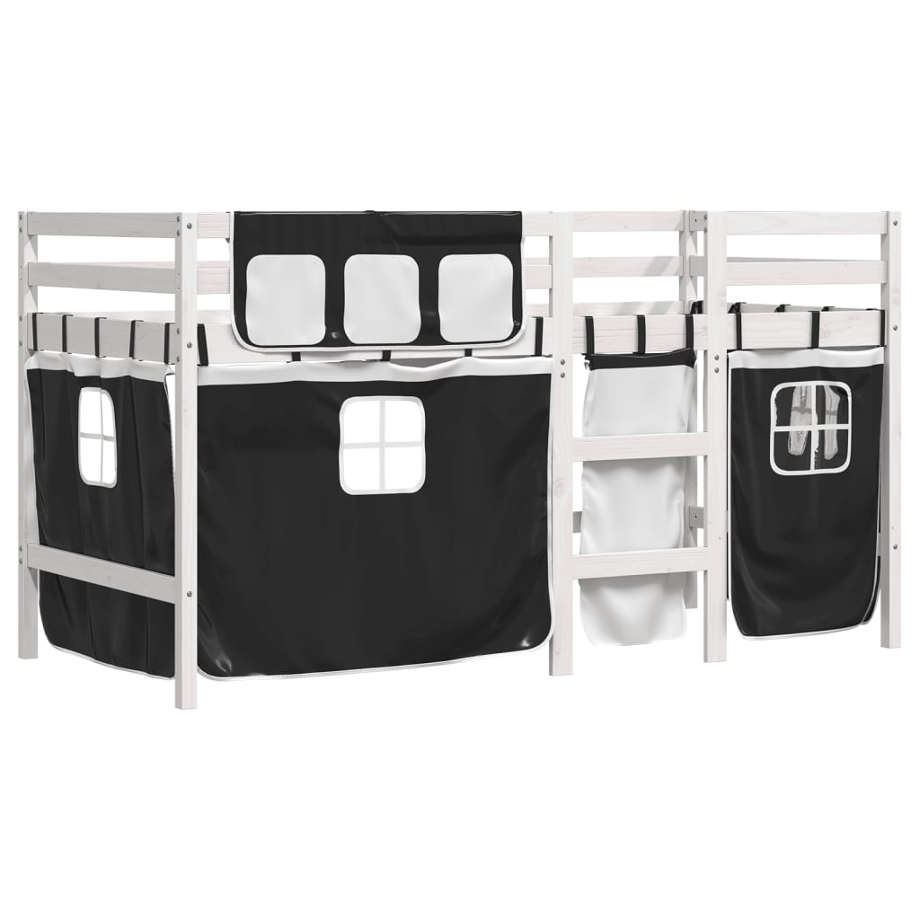 vidaXL Cama alta niños con cortinas madera pino blanco negro 90x200 cm