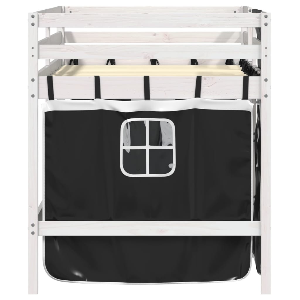 vidaXL Cama alta niños con cortinas madera pino blanco negro 90x200 cm