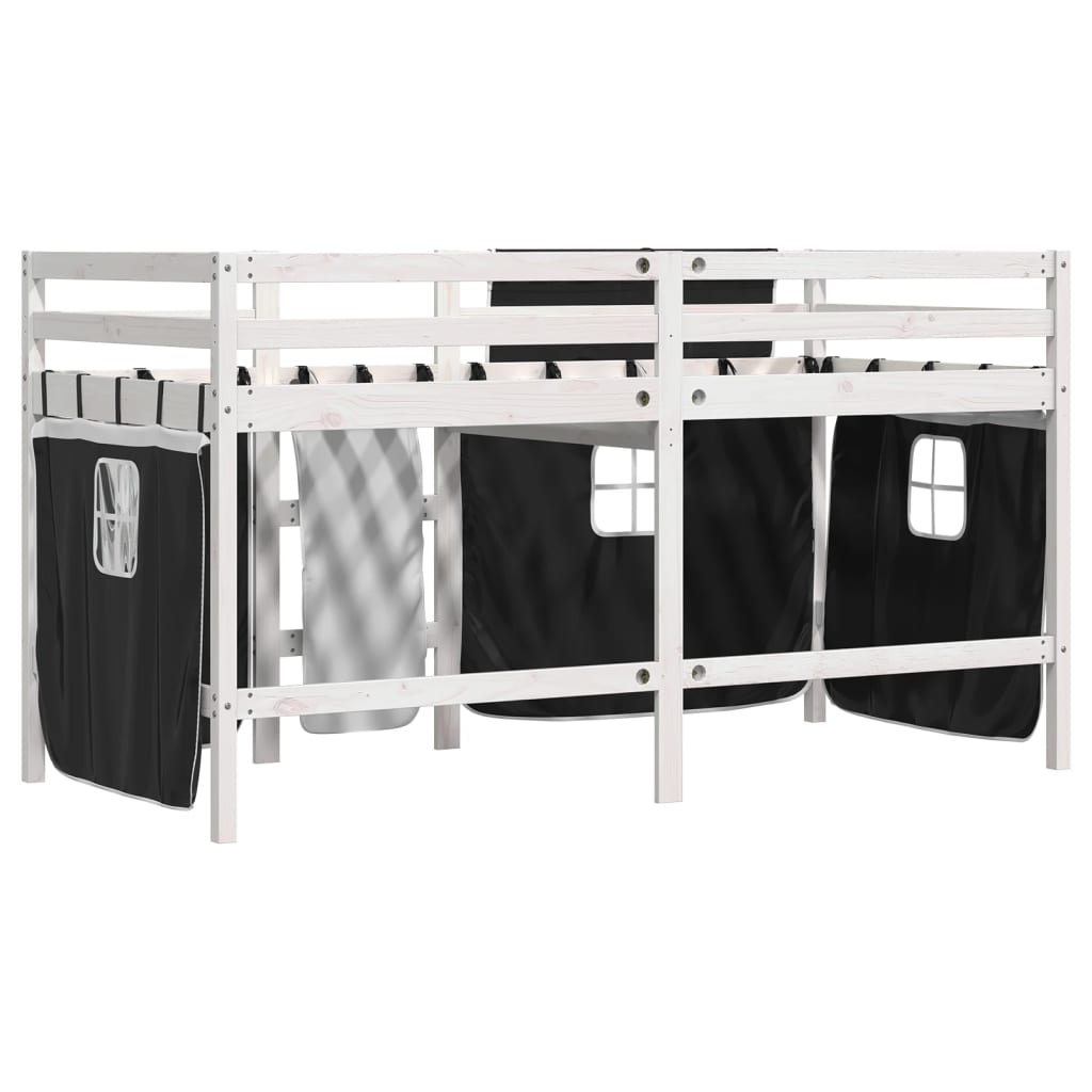 vidaXL Cama alta niños con cortinas madera pino blanco negro 90x200 cm