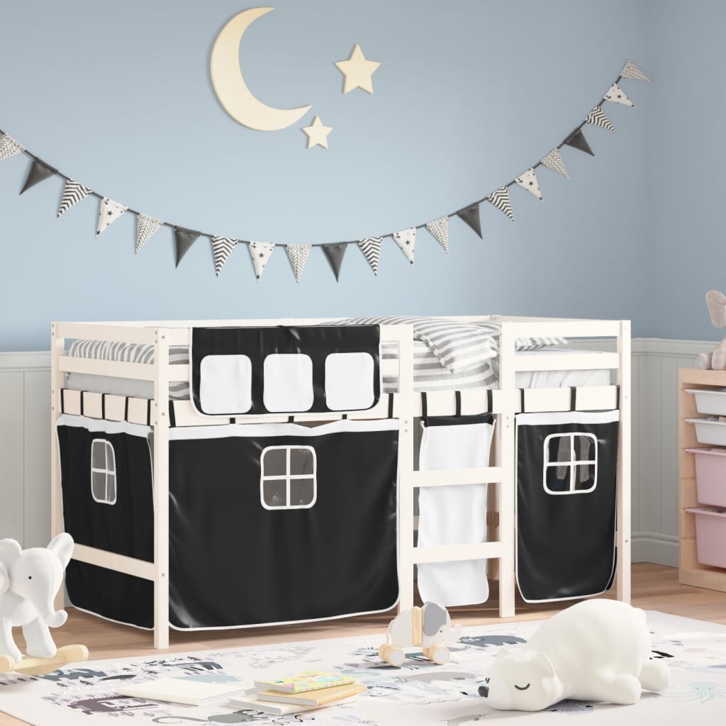 vidaXL Cama alta niños con cortinas madera pino blanco negro 90x200 cm