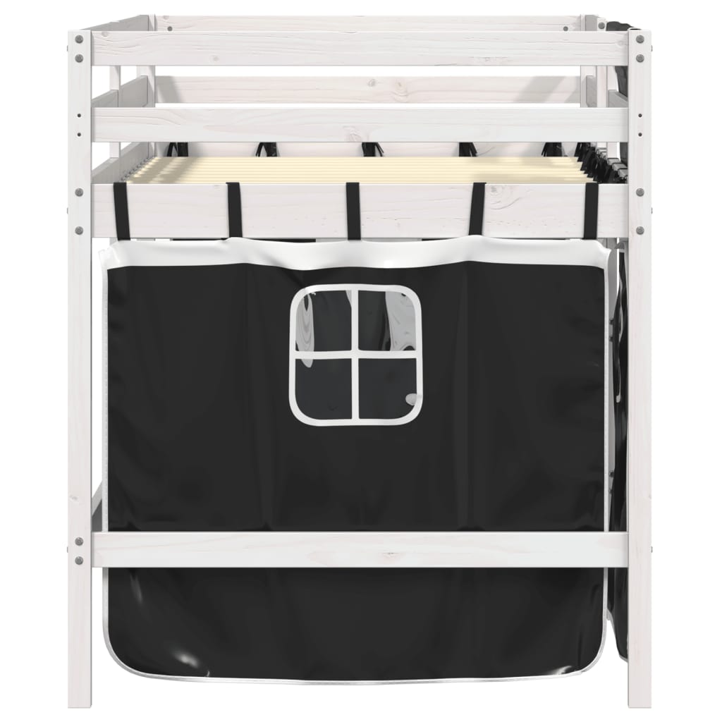 vidaXL Cama alta niños con cortinas madera pino blanco negro 90x190 cm