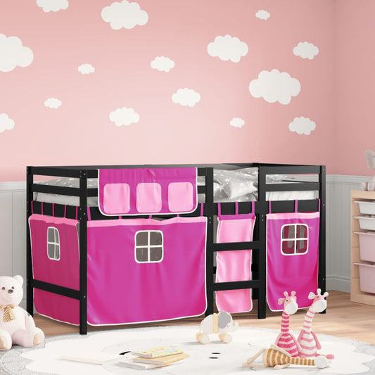 vidaXL Cama alta para niños con cortinas madera pino rosa 90x190 cm