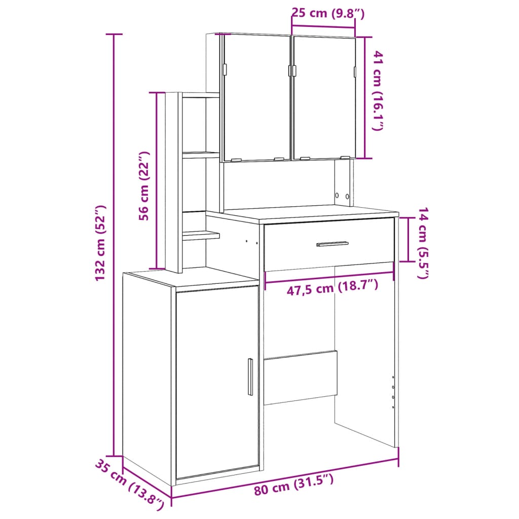 vidaXL Tocador con mueble gris hormigón 80x35x132 cm