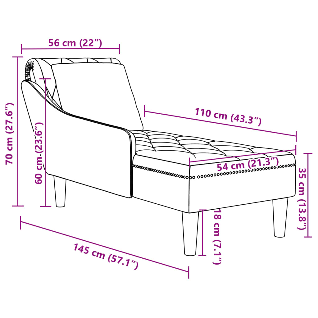 vidaXL Tumbona con almohada y reposabrazo derecho terciopelo crema