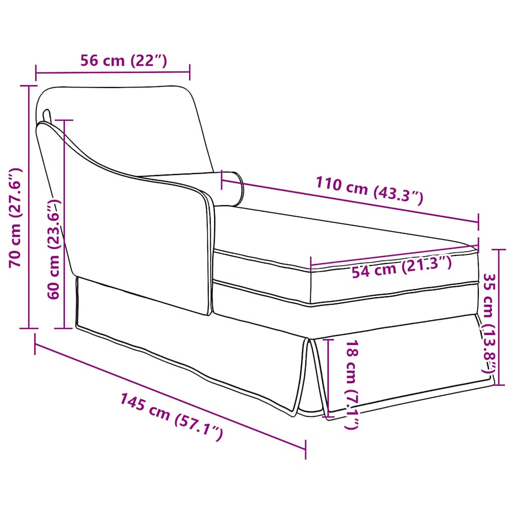 vidaXL Chaise longue respaldo reposabrazos derecho terciopelo rosa