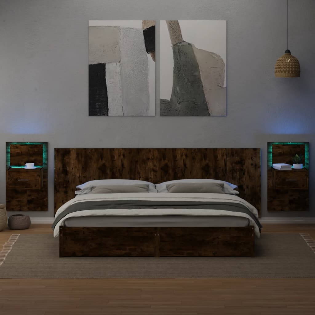 vidaXL Cabecero cama con mesitas madera ingeniería roble ahumado 240cm