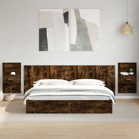 vidaXL Cabecero cama con mesitas madera ingeniería roble ahumado 240cm