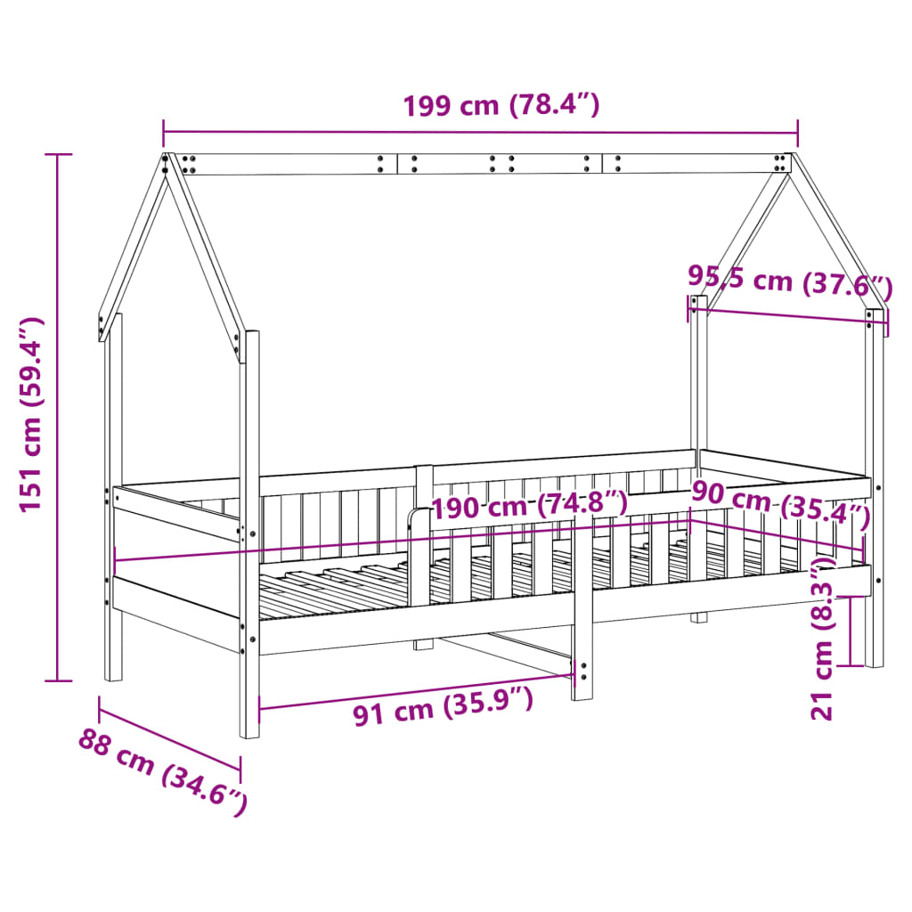 vidaXL Cama con forma de casa para niños madera maciza pino 90x190 cm