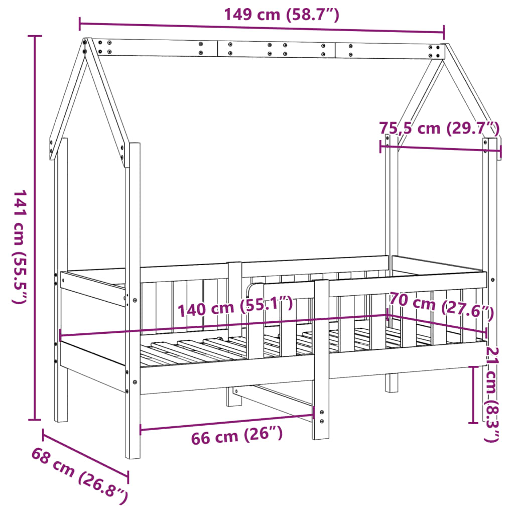 vidaXL Cama con forma de casa de niños madera maciza marrón 70x140 cm