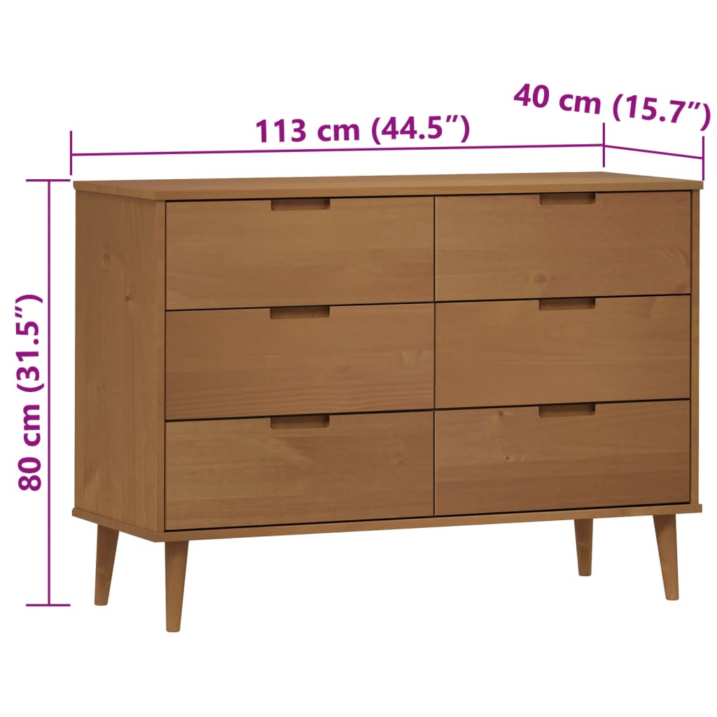 vidaXL Mesita de noche MOLDE madera maciza de pino marrón 113x40x80 cm