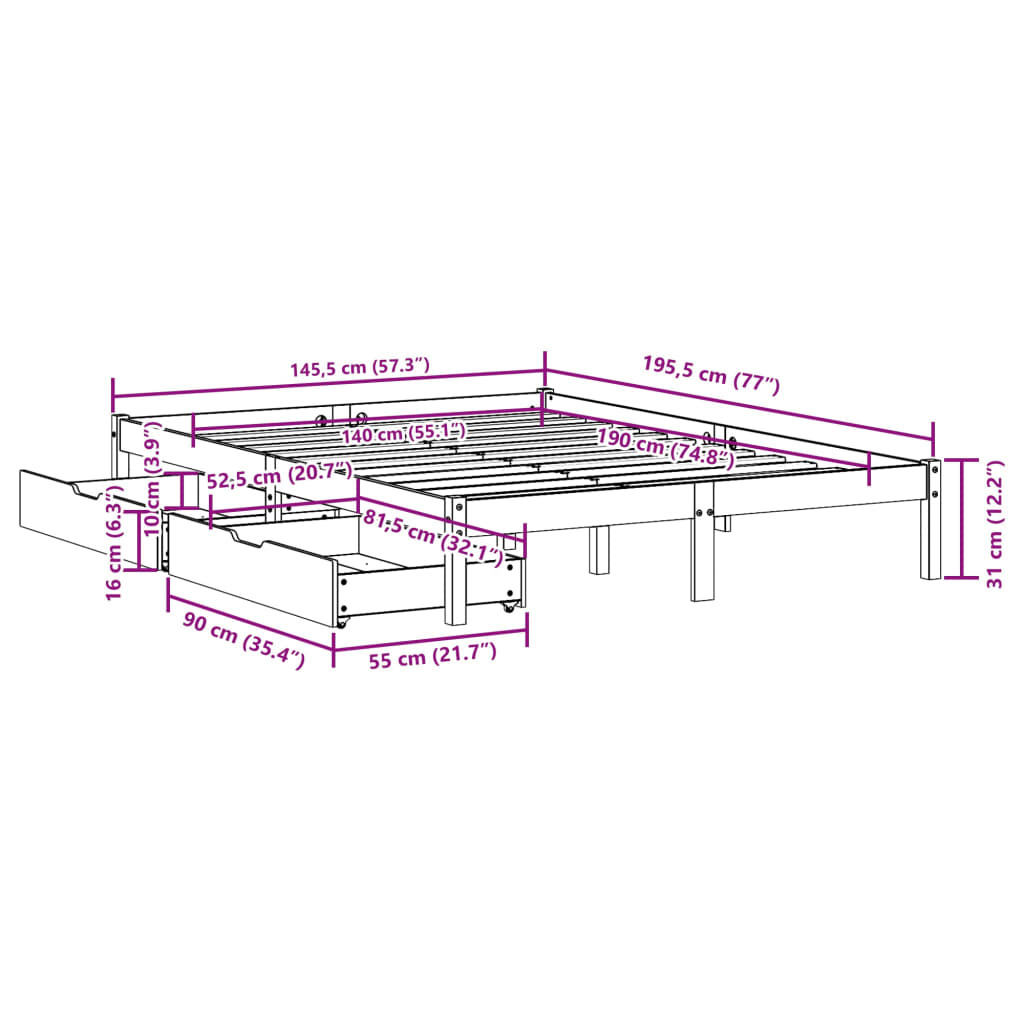 vidaXL Cama sin colchón madera maciza de pino marrón cera 140x190 cm