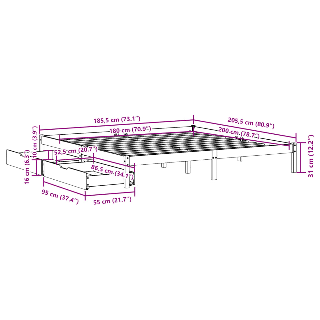 vidaXL Cama sin colchón madera maciza de pino marrón cera 180x200 cm