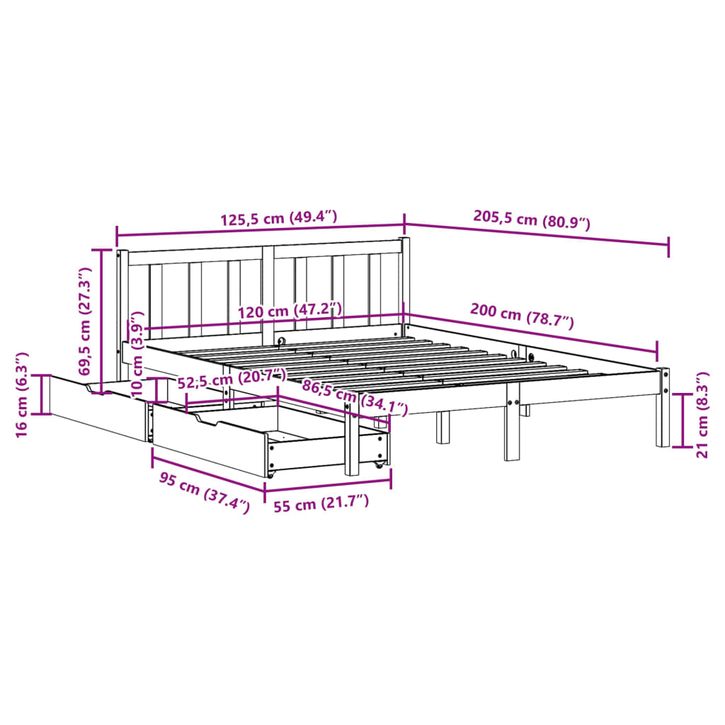 vidaXL Cama sin colchón madera maciza de pino marrón cera 120x200 cm