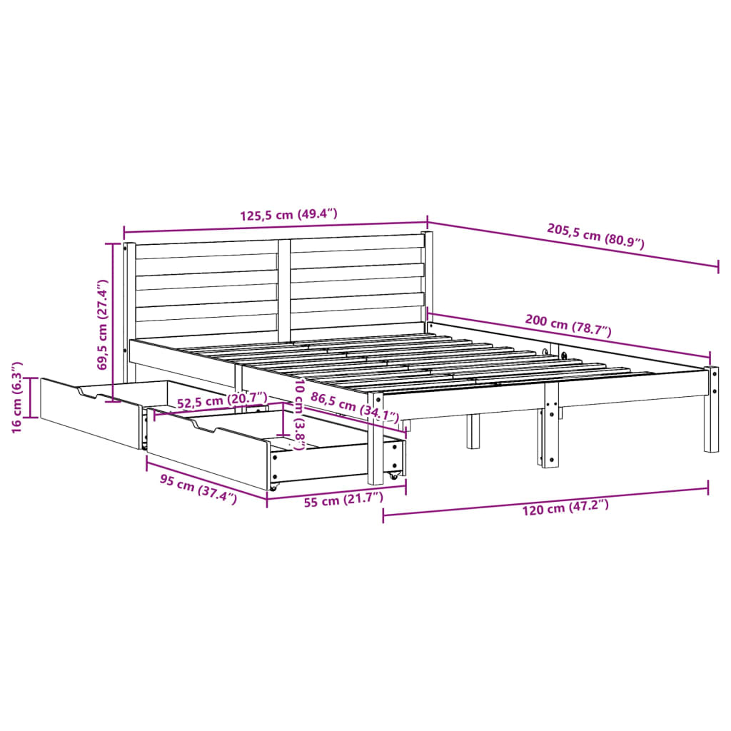 vidaXL Cama sin colchón madera maciza de pino marrón cera 120x200 cm