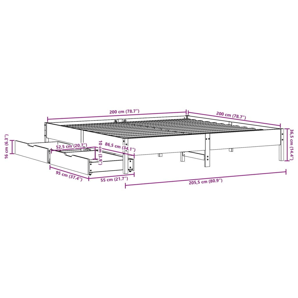 vidaXL Cama sin colchón madera maciza de pino marrón cera 200x200 cm