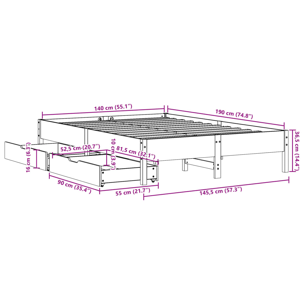 vidaXL Cama sin colchón madera maciza de pino marrón cera 140x190 cm