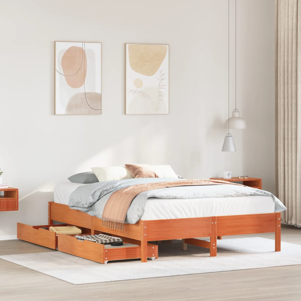 vidaXL Cama sin colchón madera maciza de pino marrón cera 140x190 cm