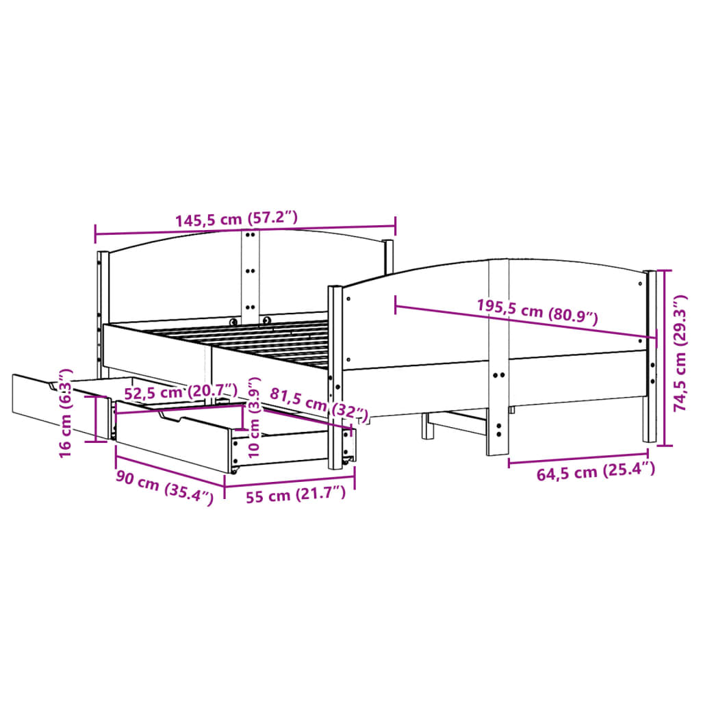 vidaXL Cama sin colchón madera maciza de pino marrón cera 140x190 cm