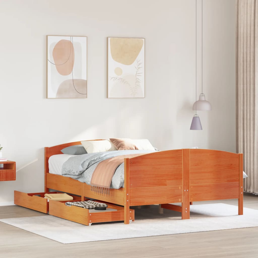 vidaXL Cama sin colchón madera maciza de pino marrón cera 140x190 cm