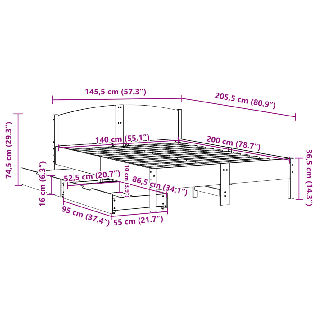 vidaXL Cama sin colchón madera maciza de pino marrón cera 140x200 cm