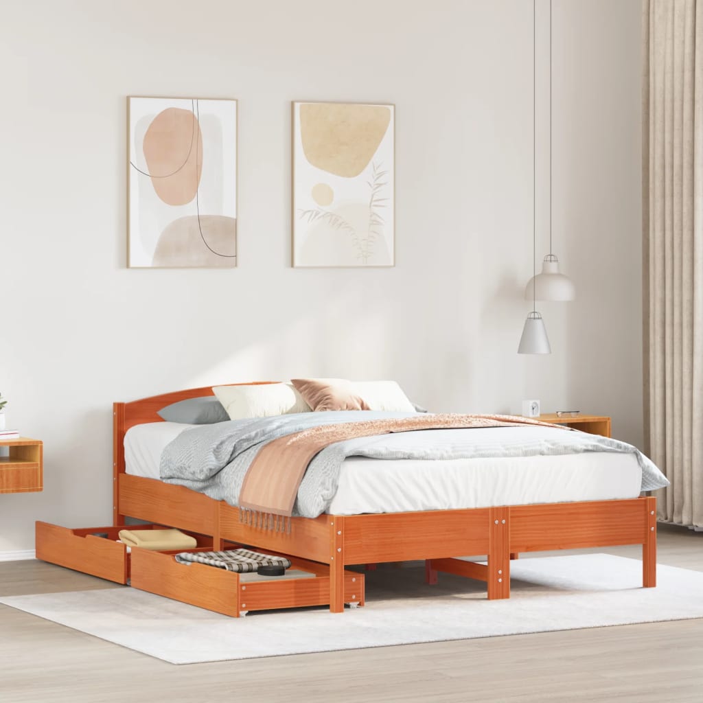 vidaXL Cama sin colchón madera maciza de pino marrón cera 140x200 cm