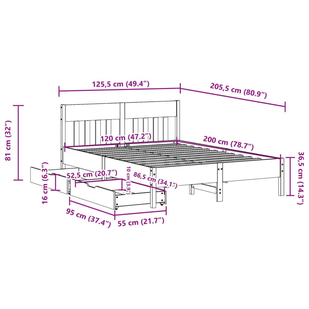 vidaXL Cama sin colchón madera maciza de pino marrón cera 120x200 cm