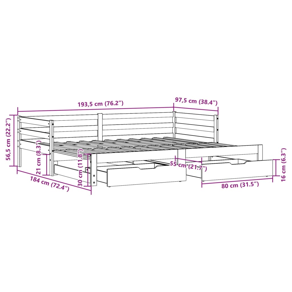 vidaXL Sofá cama nido con cajones madera maciza de pino 90x190 cm