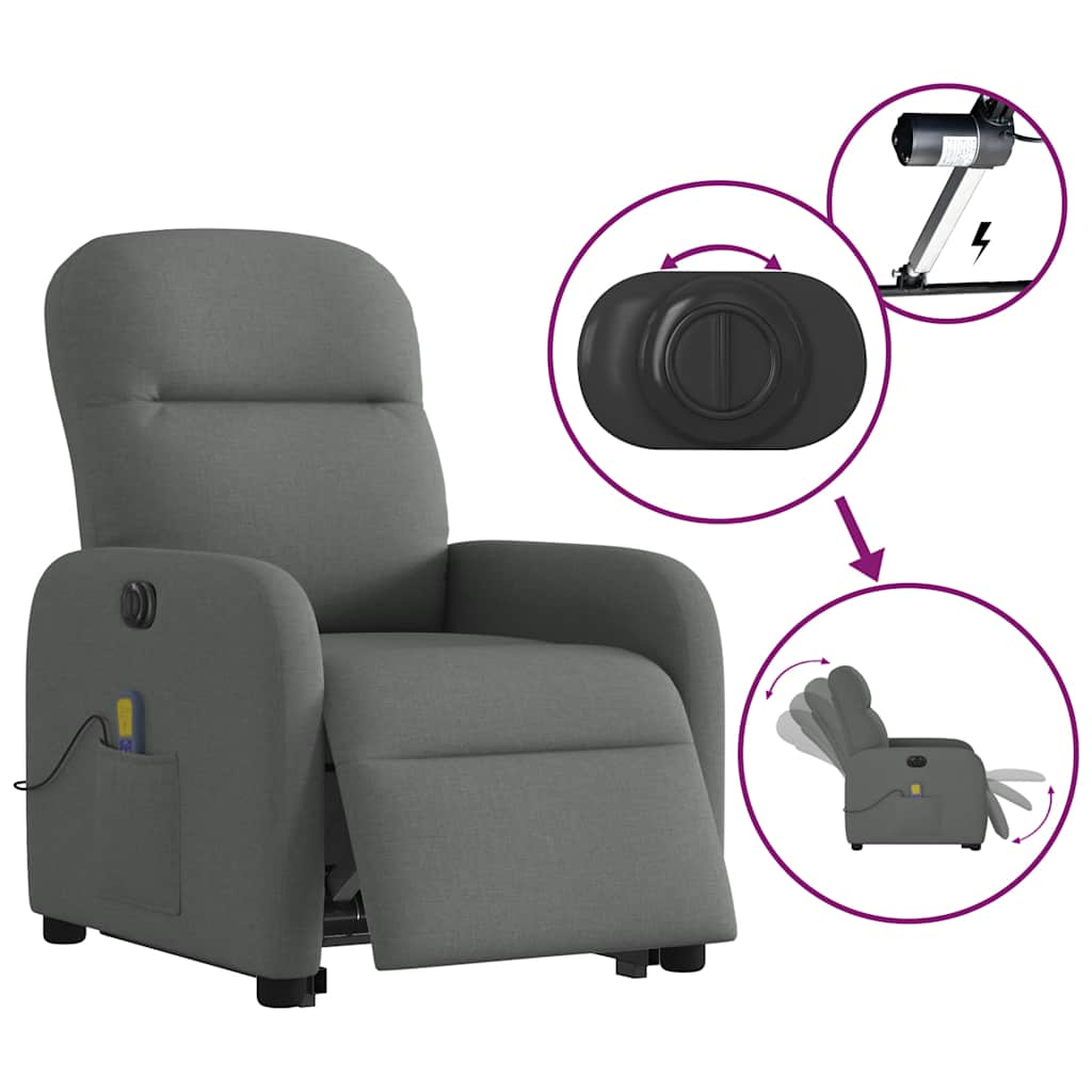 vidaXL Sillón de masaje eléctrico reclinable elevable tela gris oscuro