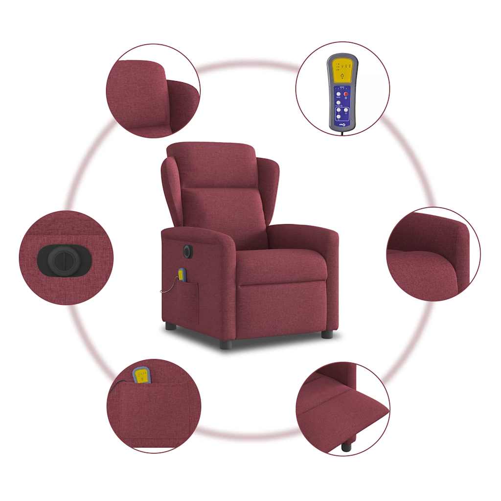 vidaXL Sillón de masaje reclinable eléctrico tela rojo tinto