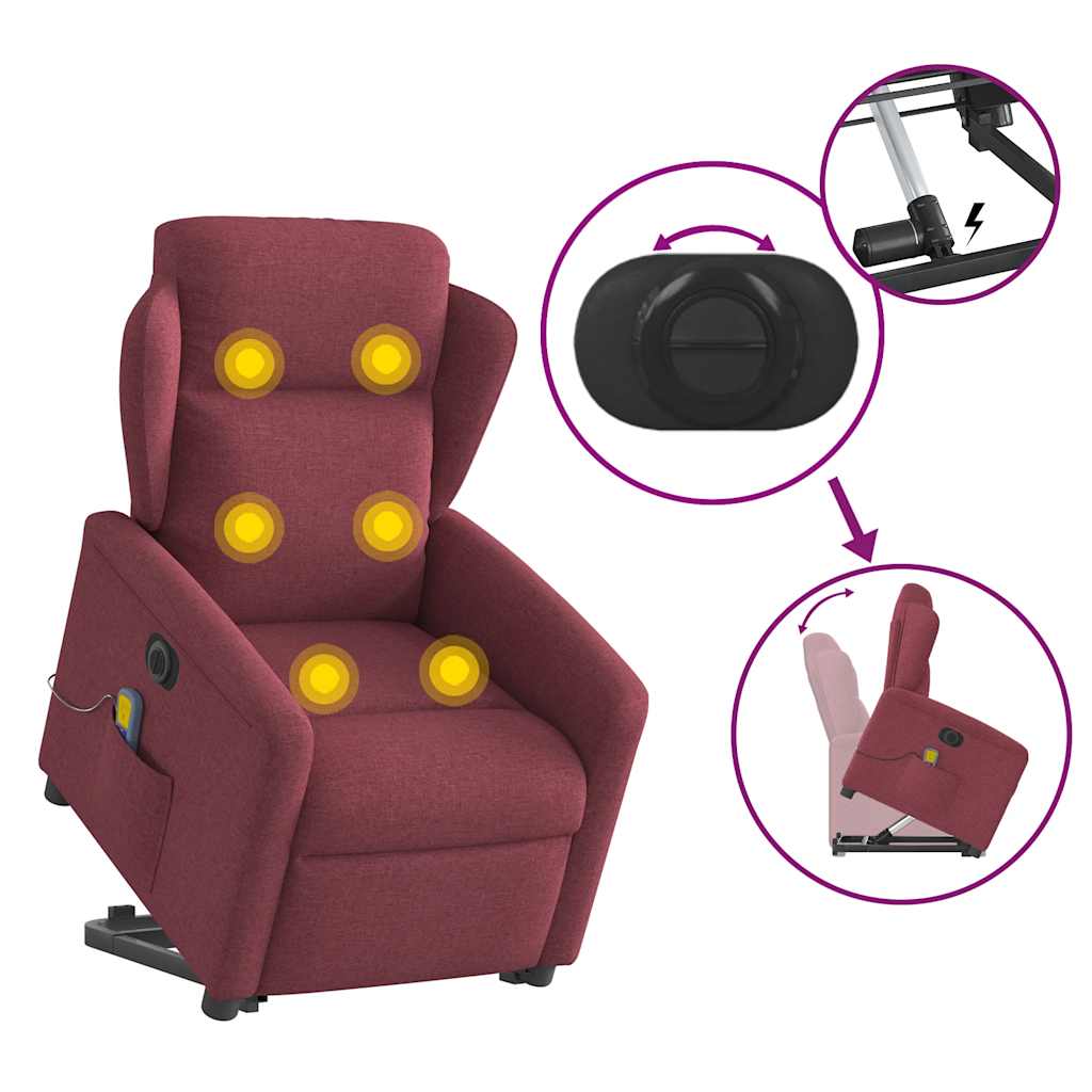 vidaXL Sillón de masaje eléctrico reclinable elevable tela rojo tinto